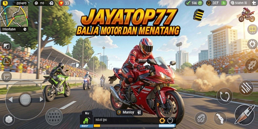 Tampilan seru dari gameplay balapan motor JAYATOP77 yang menguji kecepatan dan keterampilan.