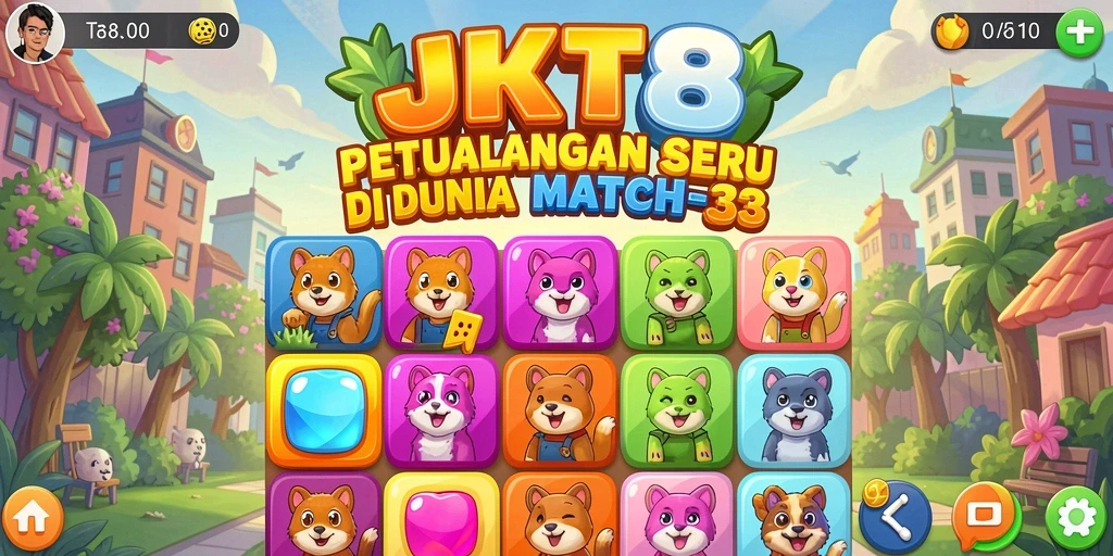 Screenshot gameplay JKT8 menampilkan kombinasi objek warna-warni yang menyenangkan.
