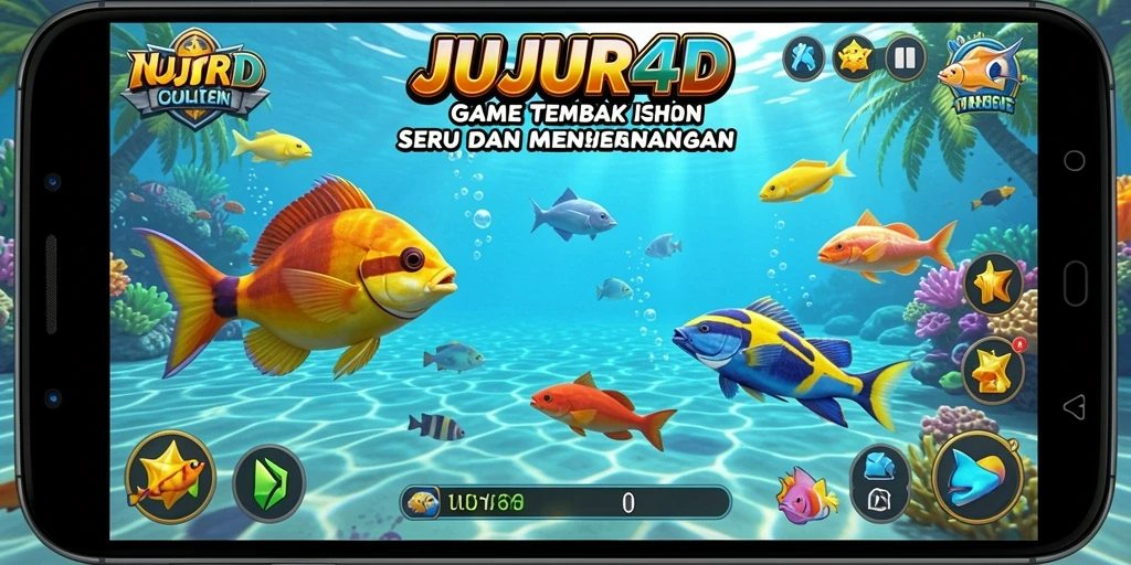Screenshot JUJUR4D yang menunjukkan aksi tembak ikan yang seru.