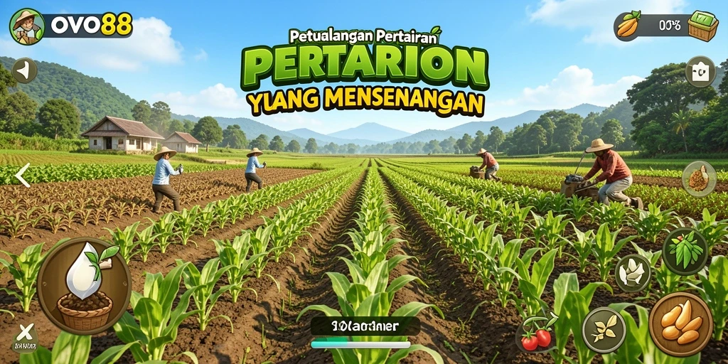 Tampilan gameplay OVO88 dengan berbagai jenis tanaman dan kebun yang rapi.
