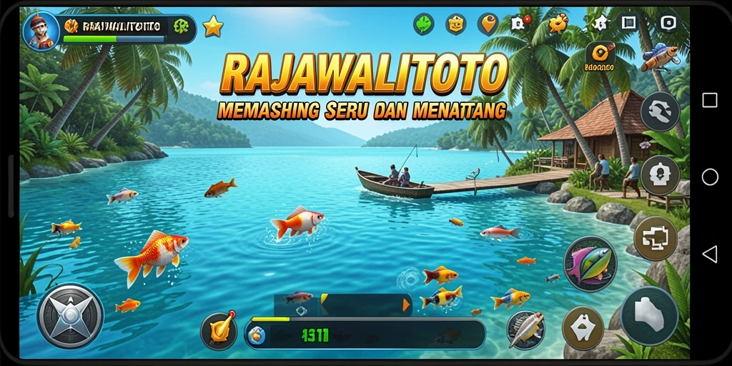 Tampilan gameplay RAJAWALITOTO saat menangkap ikan di danau yang indah.