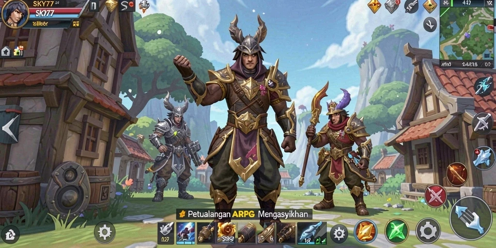 Tampilan gameplay <strong>SKY77</strong> menunjukkan aksi pertarungan yang mendebarkan di dunia fantasi.